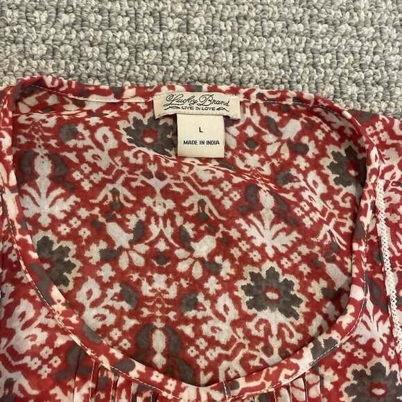 Lucky Brand Blouse Womens Large Embroidered Pintuck Peasant Red Floral Boho - Picture 2 of 8